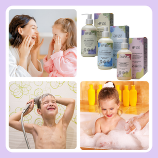Kids skincare and haircare routine with avee products