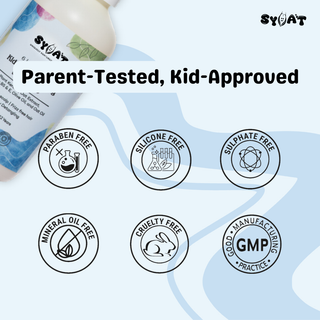 Syoat kids shampoo with 'Parent-Tested, Kid-Approved' text and various safety certification logos on a white background.