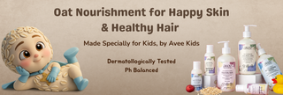 Avee Kids skincare products for children with a cartoon character on a beige background.