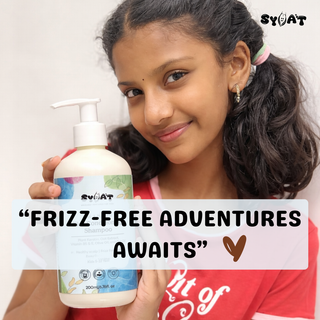 best kids shampoo - Girl holding a bottle of Syoat kids shampoo hair care product with text 'Frizz-Free Adventures Awaits' on a light background