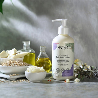 Avee Kids Body Lotion bottle with ingredients - Oats, coco butter, shea butter, olive oil