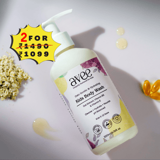 Avee Kids Body Wash bottle with promotional text on a light background