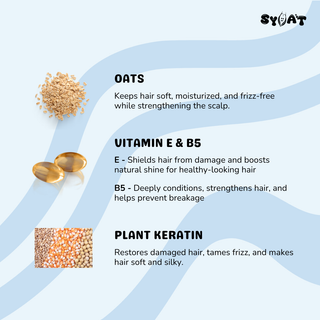 kids shampoo by syoat - Infographic detailing the benefits of oats, vitamin E, B5, and plant keratin for hair care, with SYAT branding.